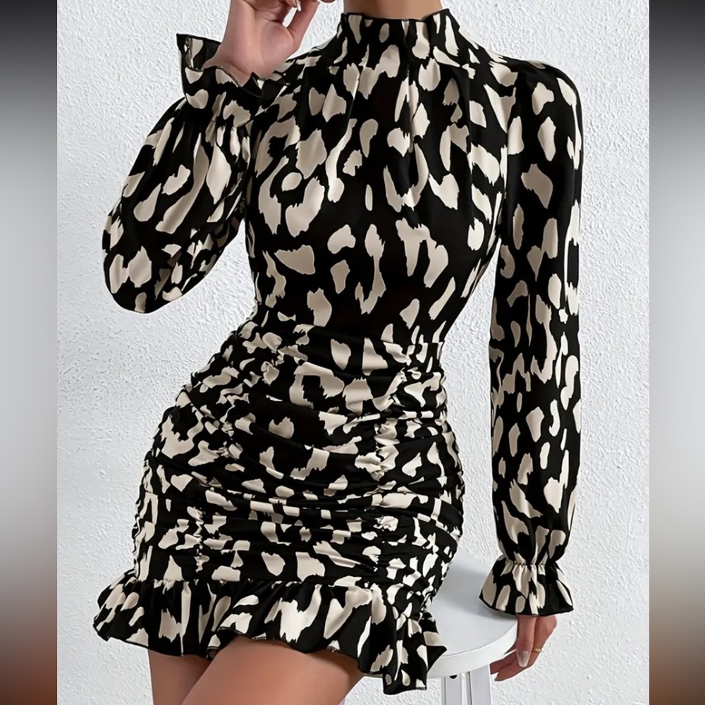 Elegant Allover Print Turtle Neck Dress with Long Sleeves and Zipper Back